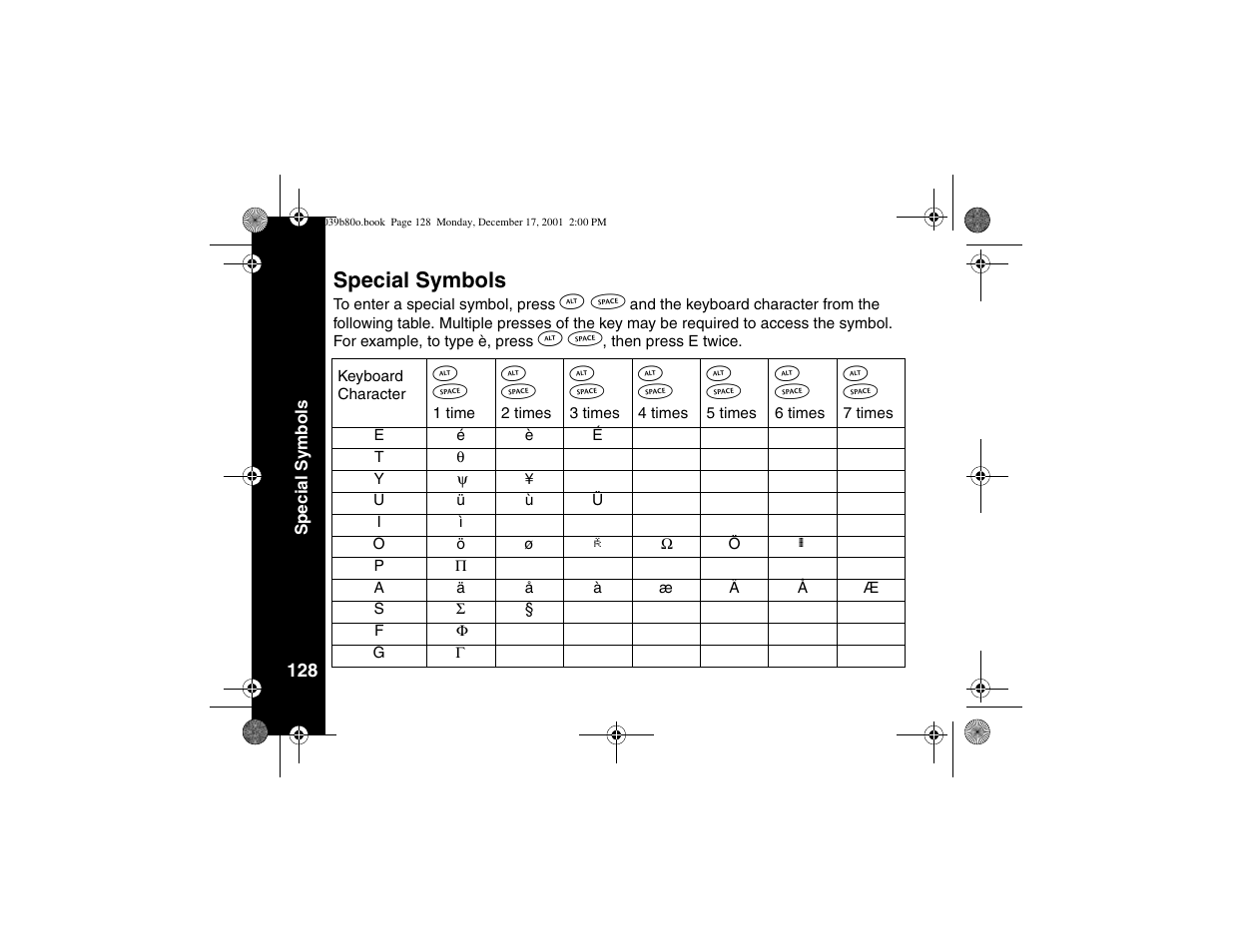 Special symbols | Motorola V101 User Manual | Page 132 / 178