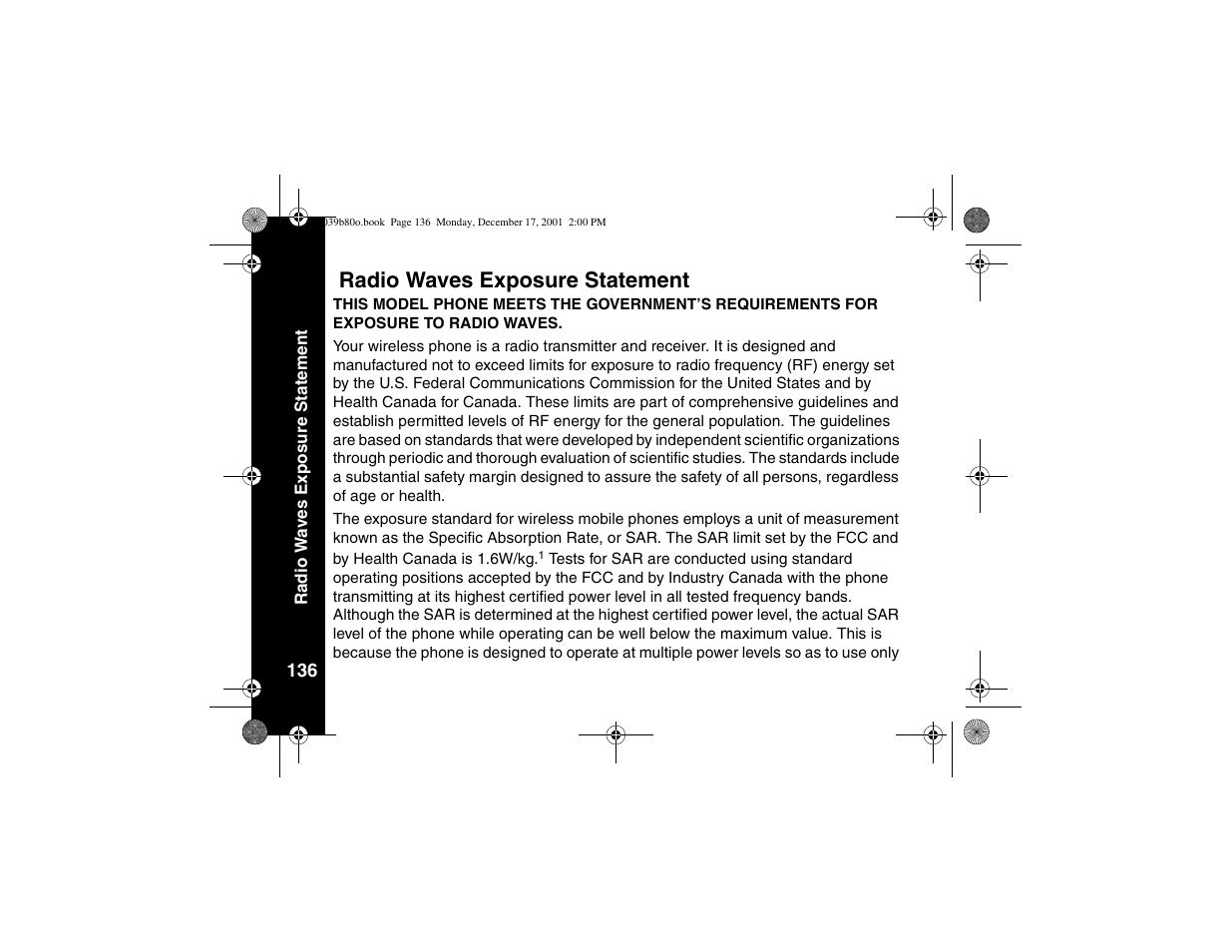 Radio waves exposure statement | Motorola V101 User Manual | Page 140 / 178