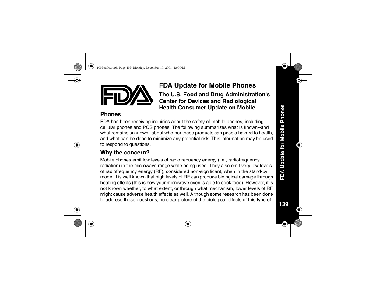 Fda update for mobile phones, Why the concern | Motorola V101 User Manual | Page 143 / 178