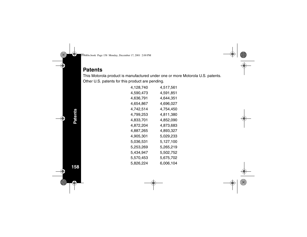 Patents, Product registration | Motorola V101 User Manual | Page 162 / 178