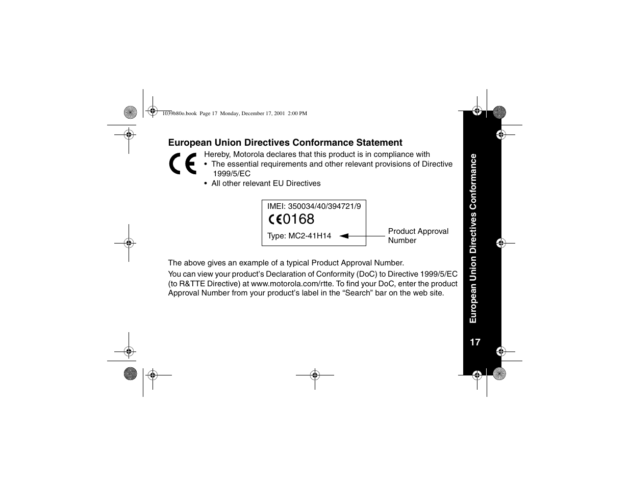 European union directives conformance statement, European union directives, Conformance statement | Motorola V101 User Manual | Page 21 / 178