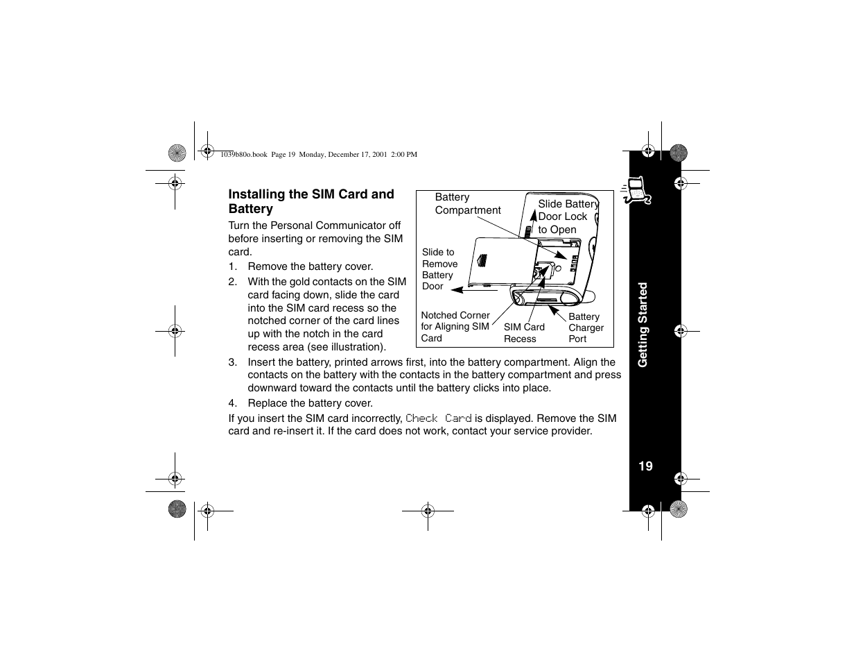 Installing the sim card and battery, Installing the sim card and, Battery | Motorola V101 User Manual | Page 23 / 178