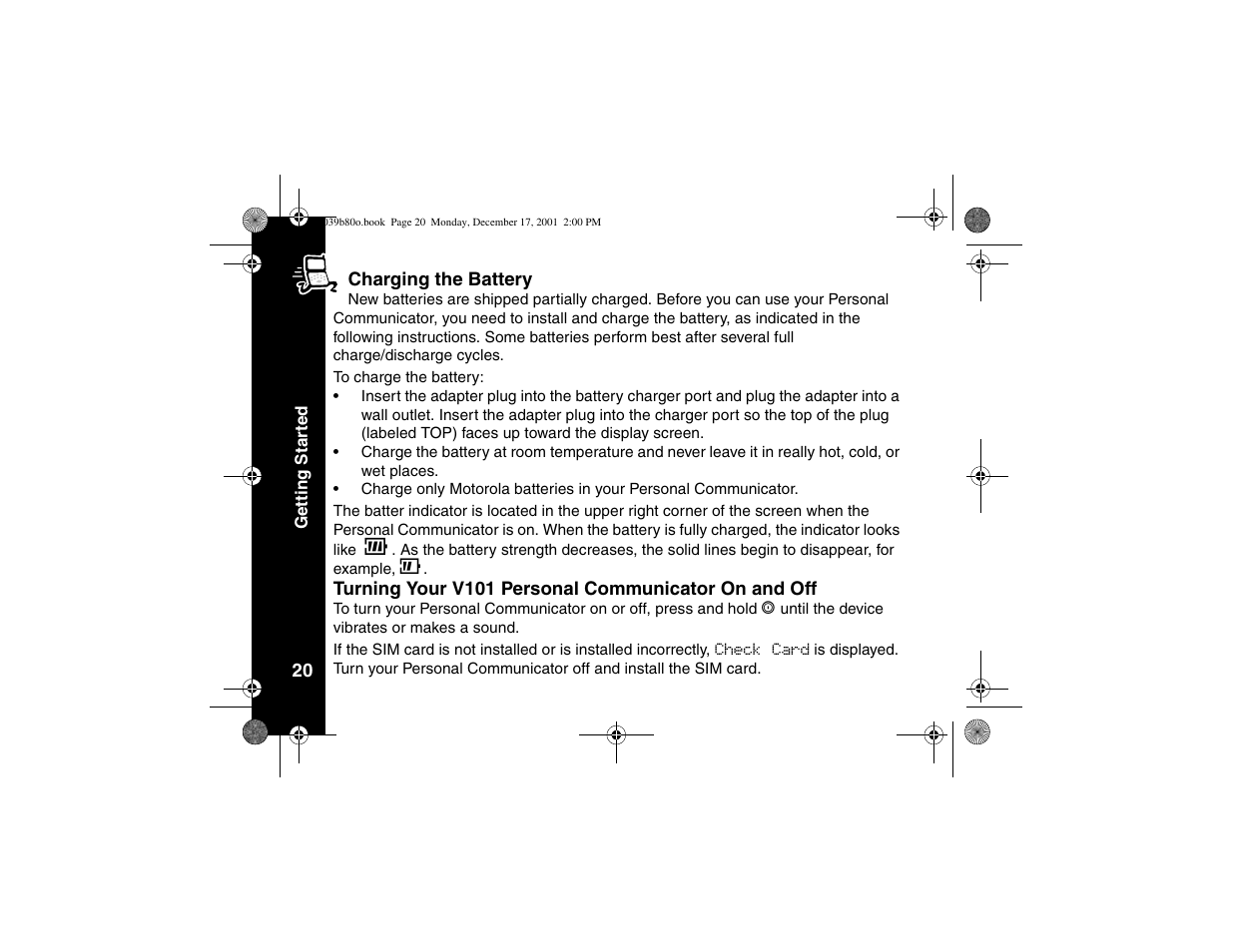 Charging the battery, Turning your v101 personal communicator on and off, Charging the battery turning your v101 personal | Communicator on and off | Motorola V101 User Manual | Page 24 / 178