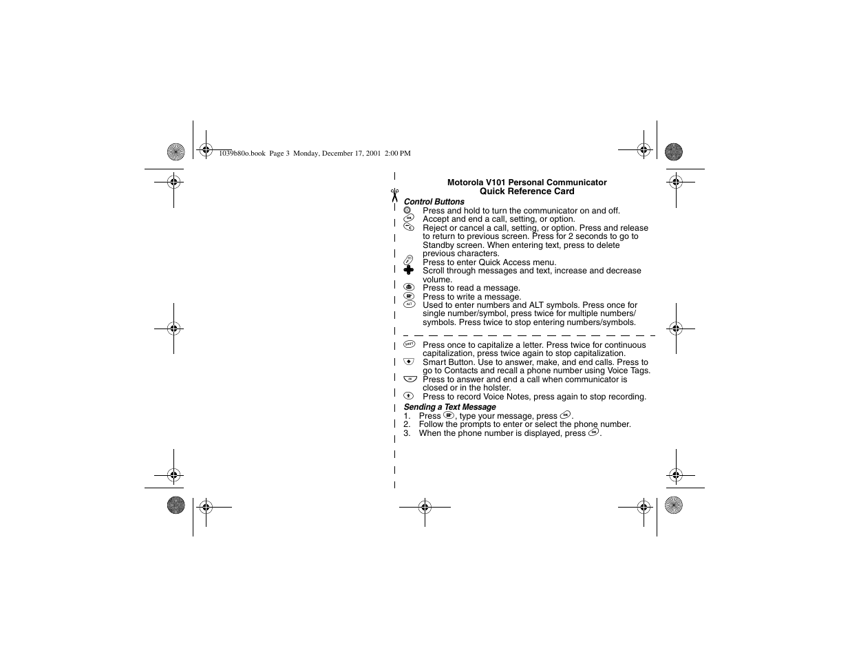 Quick reference card | Motorola V101 User Manual | Page 3 / 178