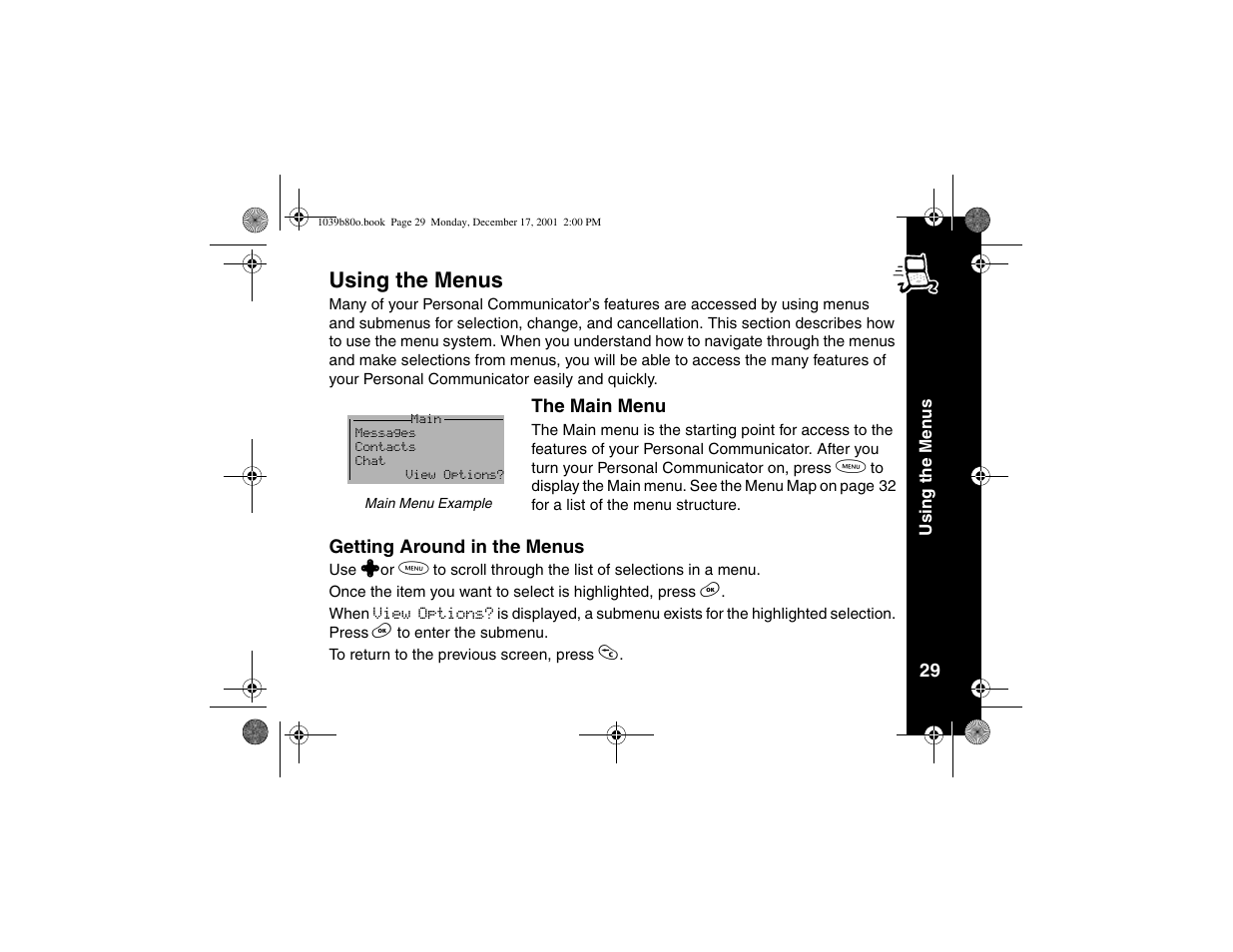 Using the menus, The main menu, Getting around in the menus | The main menu getting around in the menus | Motorola V101 User Manual | Page 33 / 178