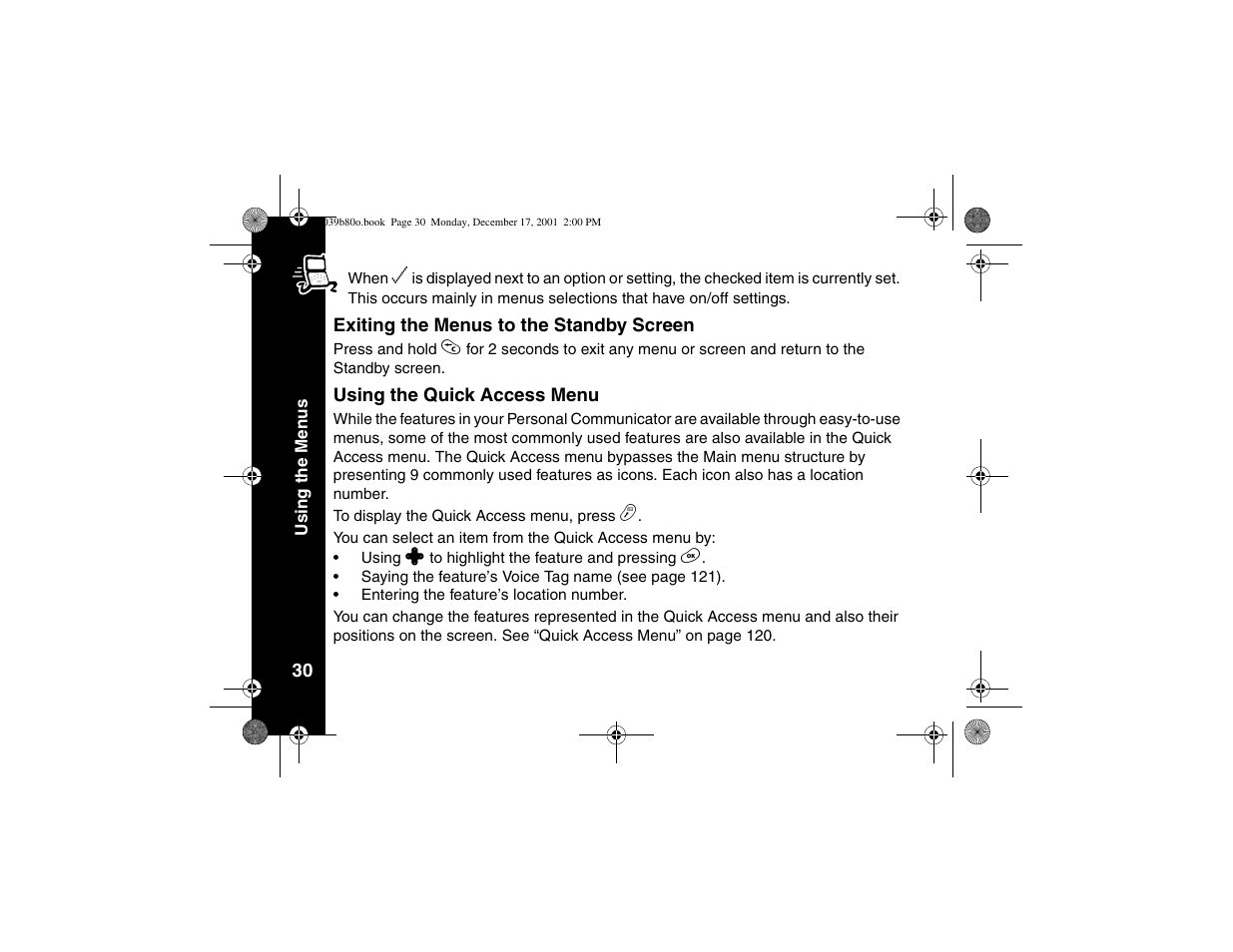 Exiting the menus to the standby screen, Using the quick access menu, Exiting the menus to the standby | Screen | Motorola V101 User Manual | Page 34 / 178