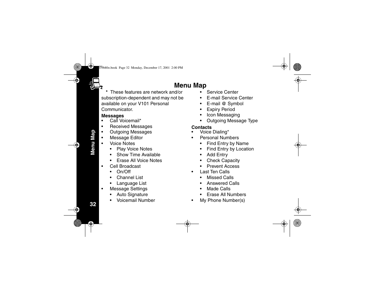 Menu map | Motorola V101 User Manual | Page 36 / 178