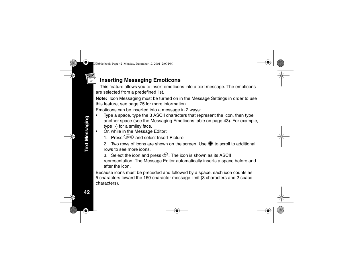 Inserting messaging emoticons | Motorola V101 User Manual | Page 46 / 178