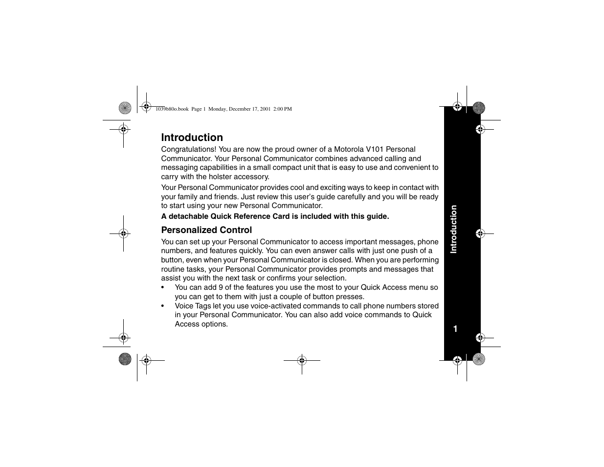 Introduction, Personalized control | Motorola V101 User Manual | Page 5 / 178