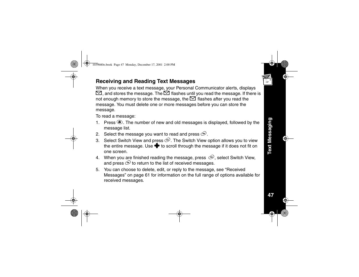 Receiving and reading text messages, Receiving and reading text, Messages | Motorola V101 User Manual | Page 51 / 178