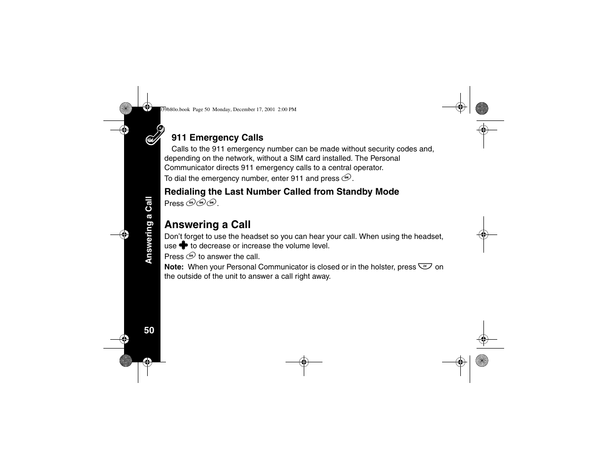 911 emergency calls, Redialing the last number called from standby mode, Answering a call | 911 emergency calls redialing the last number, Called from standby mode, Fixed dialing set up one-touch dialing | Motorola V101 User Manual | Page 54 / 178