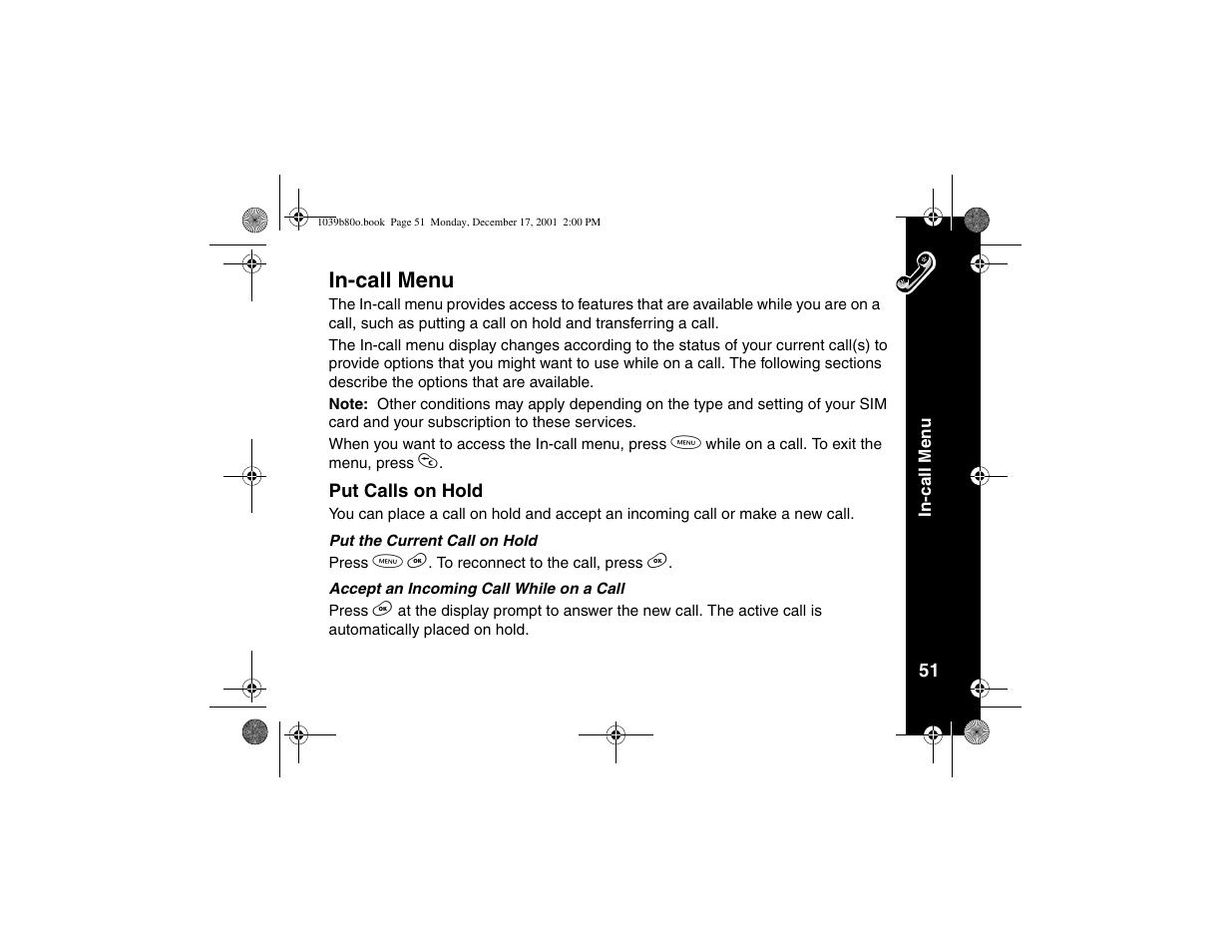 In-call menu, Put calls on hold | Motorola V101 User Manual | Page 55 / 178