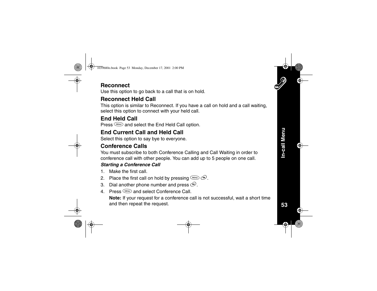 Reconnect, Reconnect held call, End held call | End current call and held call, Conference calls | Motorola V101 User Manual | Page 57 / 178