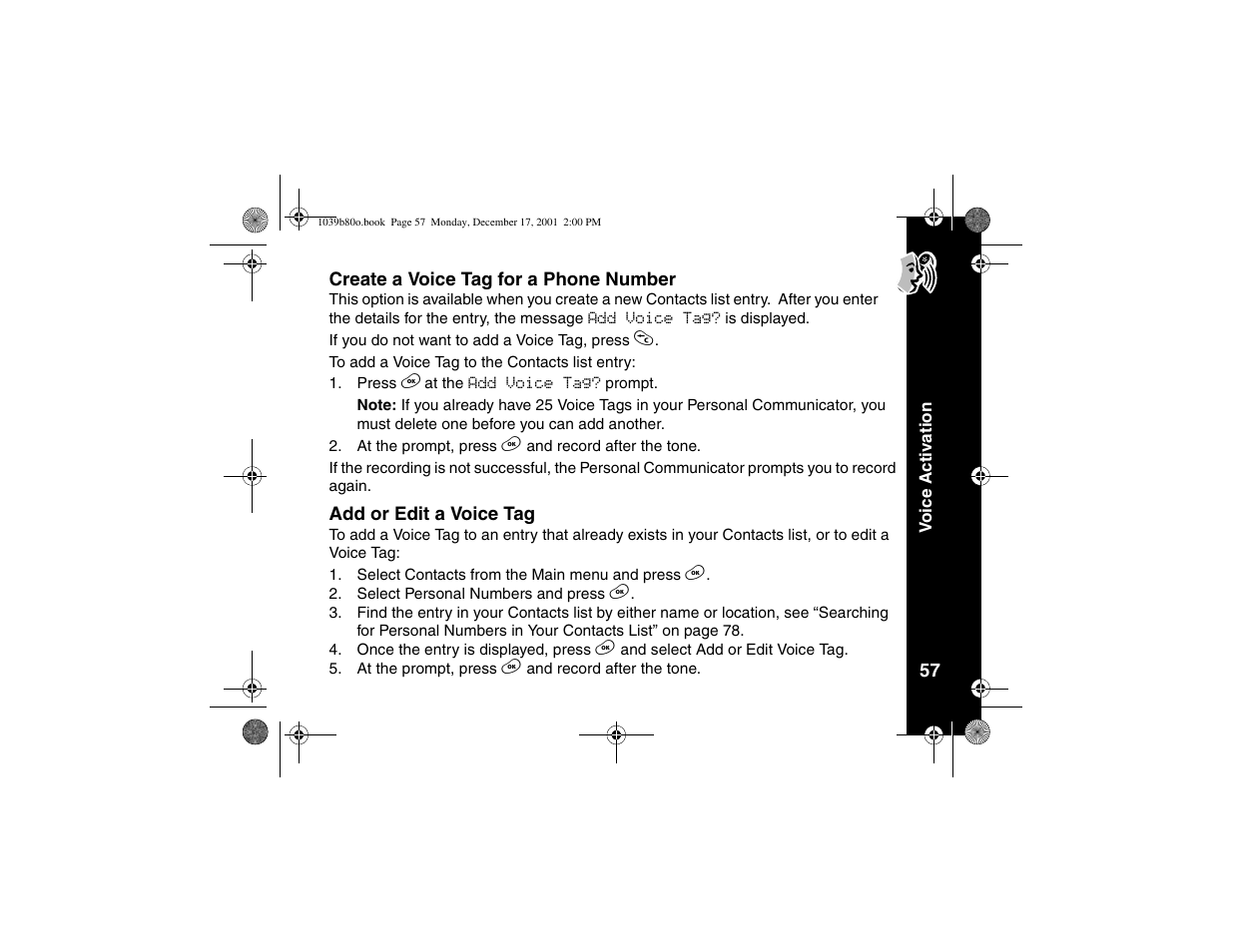 Create a voice tag for a phone number, Add or edit a voice tag, Create a voice tag for a phone | Number | Motorola V101 User Manual | Page 61 / 178