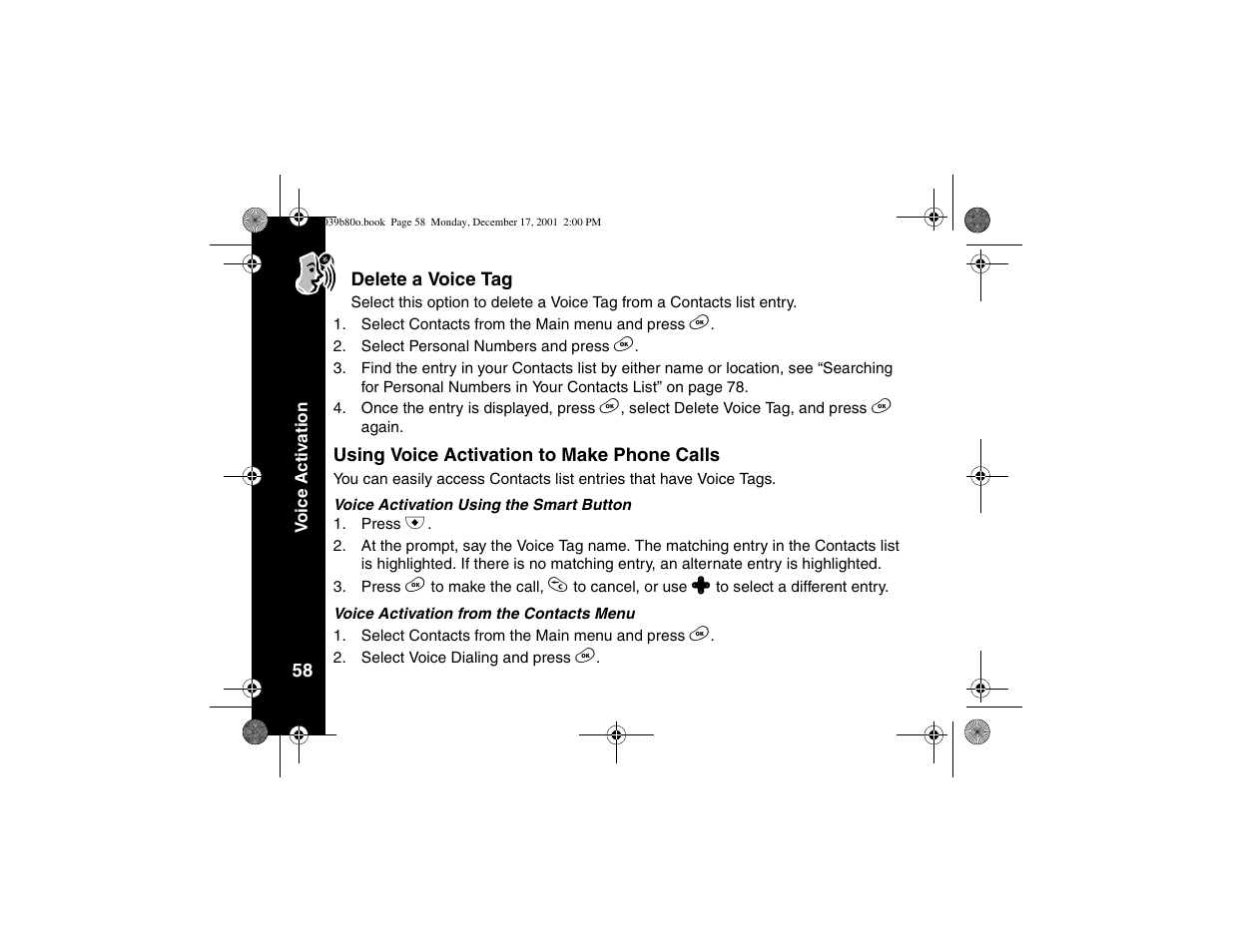 Delete a voice tag, Using voice activation to make phone calls, Delete a voice tag using voice activation to make | Phone calls | Motorola V101 User Manual | Page 62 / 178