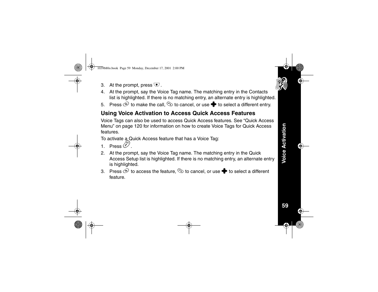 Using voice activation to access, Quick access features | Motorola V101 User Manual | Page 63 / 178