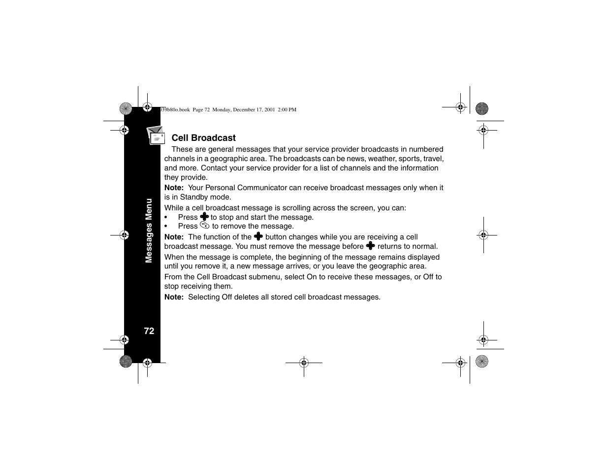 Cell broadcast | Motorola V101 User Manual | Page 76 / 178