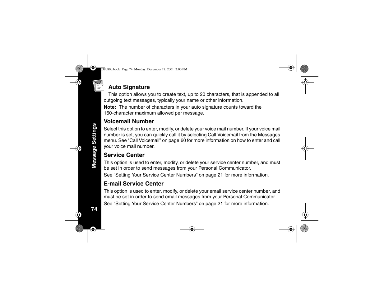 Auto signature, Voicemail number, Service center | E-mail service center | Motorola V101 User Manual | Page 78 / 178