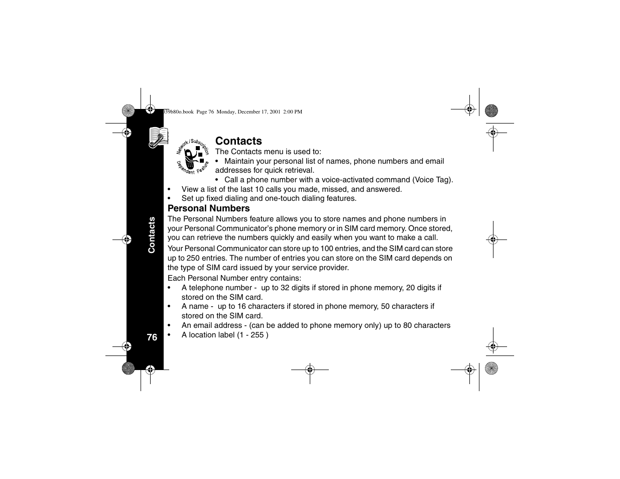 Contacts, Personal numbers | Motorola V101 User Manual | Page 80 / 178