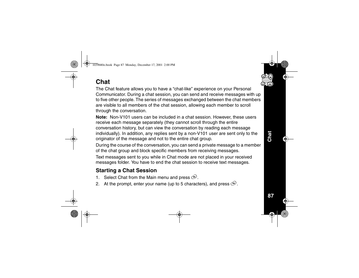 Chat, Starting a chat session | Motorola V101 User Manual | Page 91 / 178