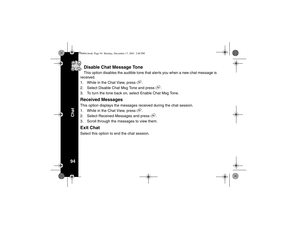 Disable chat message tone, Received messages, Exit chat | Motorola V101 User Manual | Page 98 / 178