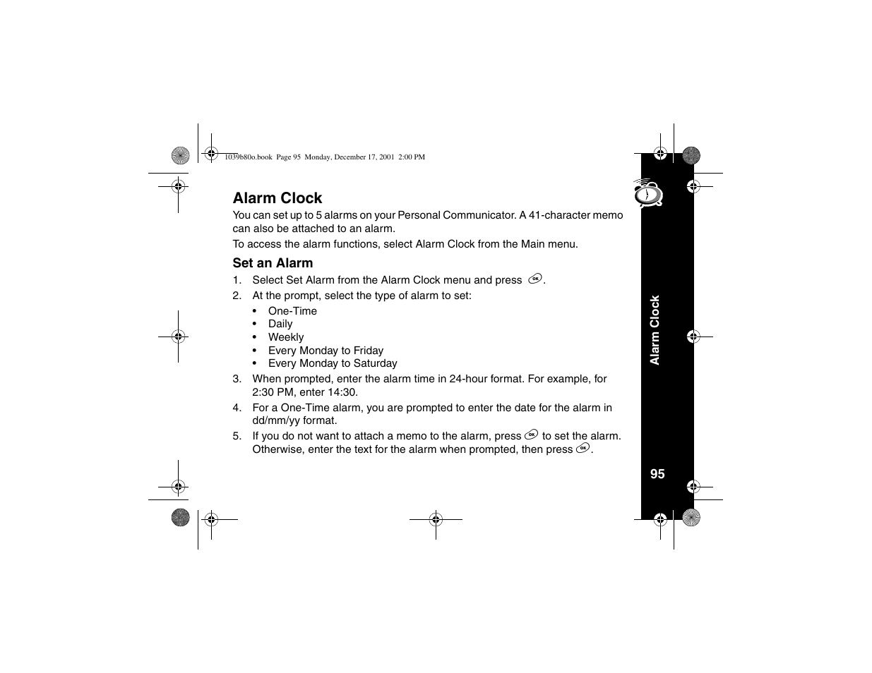 Alarm clock, Set an alarm | Motorola V101 User Manual | Page 99 / 178