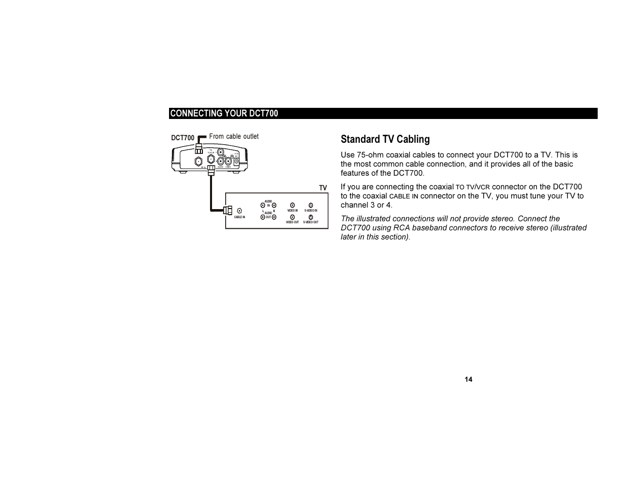 Standard tv cabling, Connecting your dct700 | Motorola DCT700 User Manual | Page 21 / 29