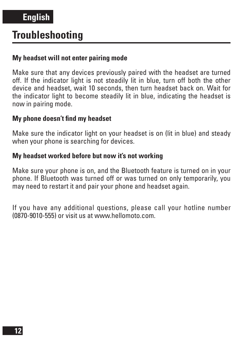 Troubleshooting, English | Motorola 6803578F47 User Manual | Page 13 / 14