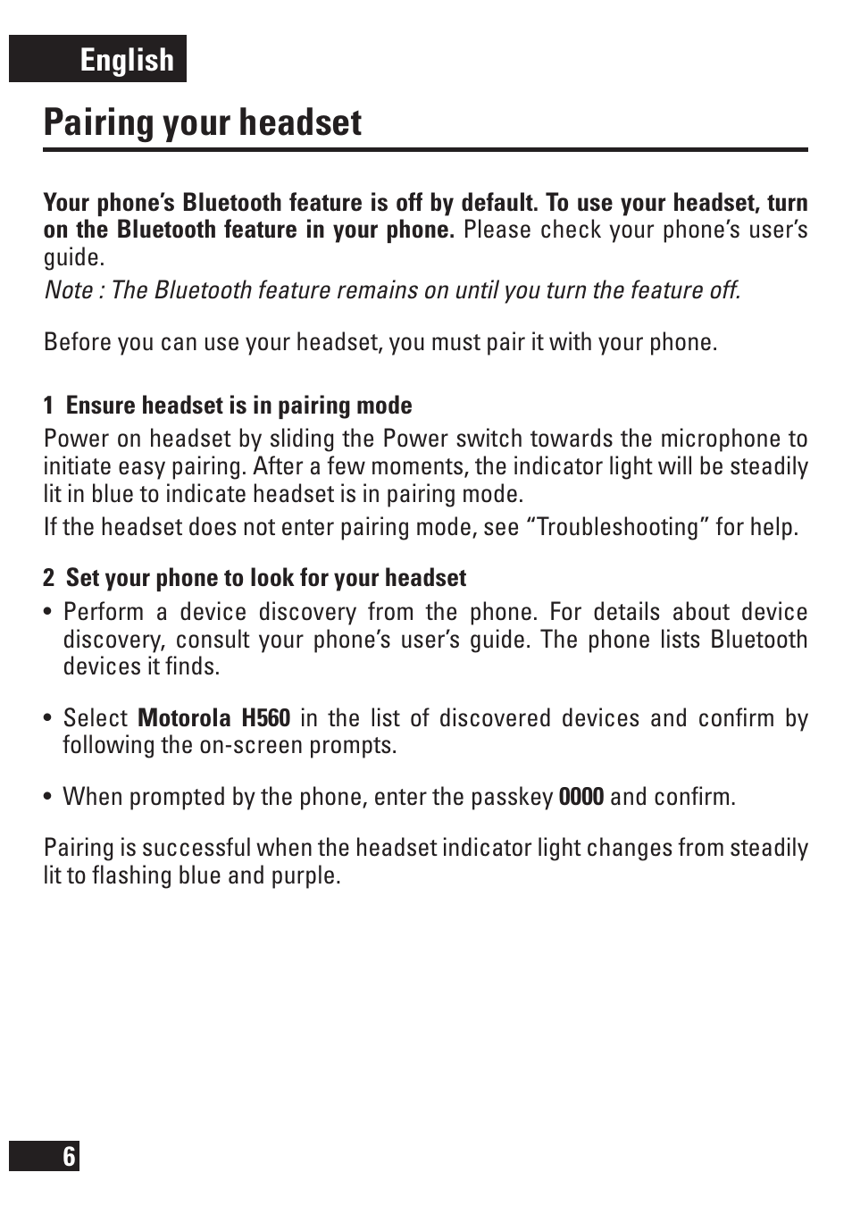 Pairing your headset, English | Motorola 6803578F47 User Manual | Page 7 / 14