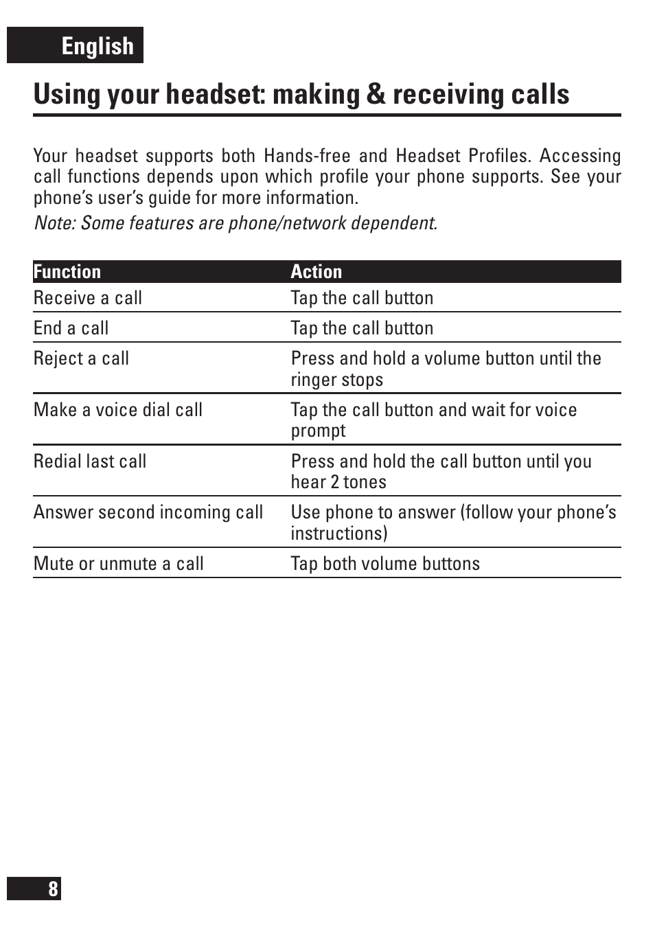 Using your headset: making & receiving calls, English | Motorola 6803578F47 User Manual | Page 9 / 14