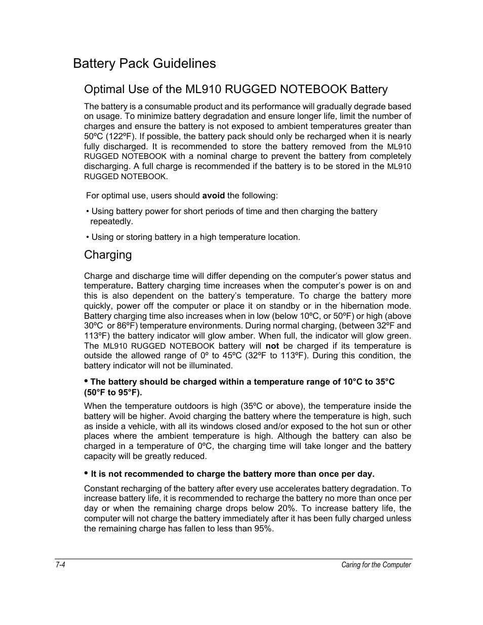 Battery pack guidelines, Charging | Motorola ML910 User Manual | Page 122 / 180