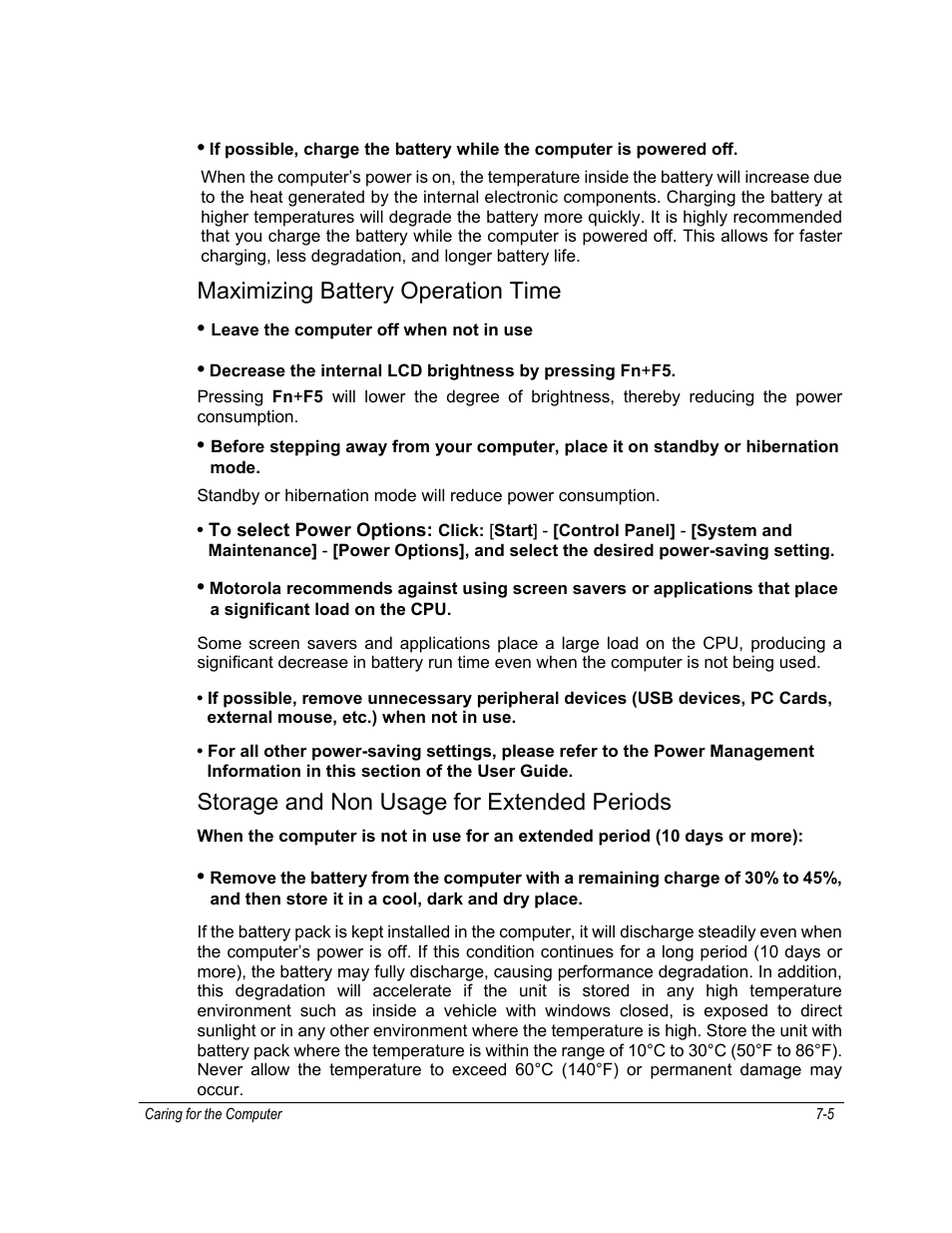 Maximizing battery operation time, Storage and non usage for extended periods | Motorola ML910 User Manual | Page 123 / 180