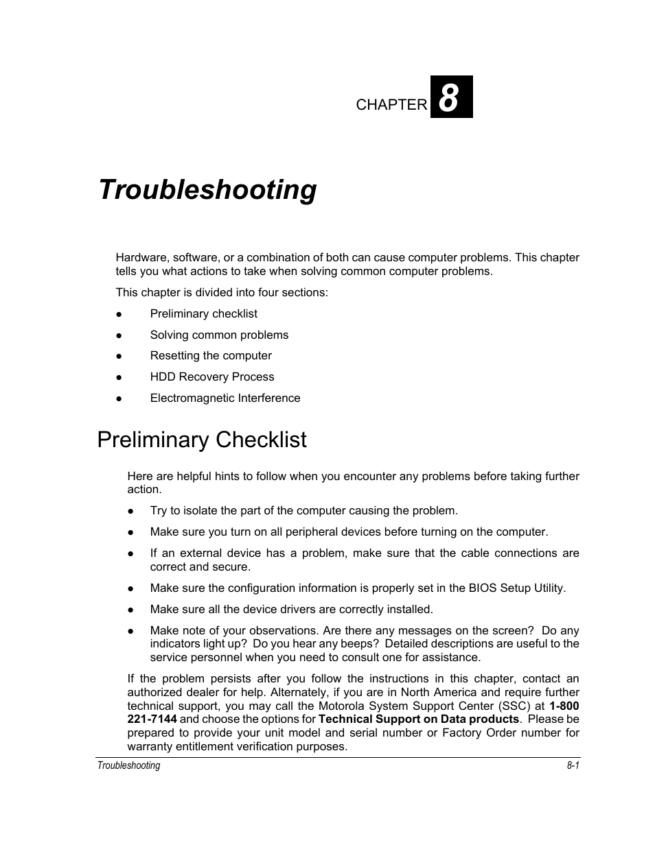 Troubleshooting, Preliminary checklist, Chapter | Motorola ML910 User Manual | Page 127 / 180