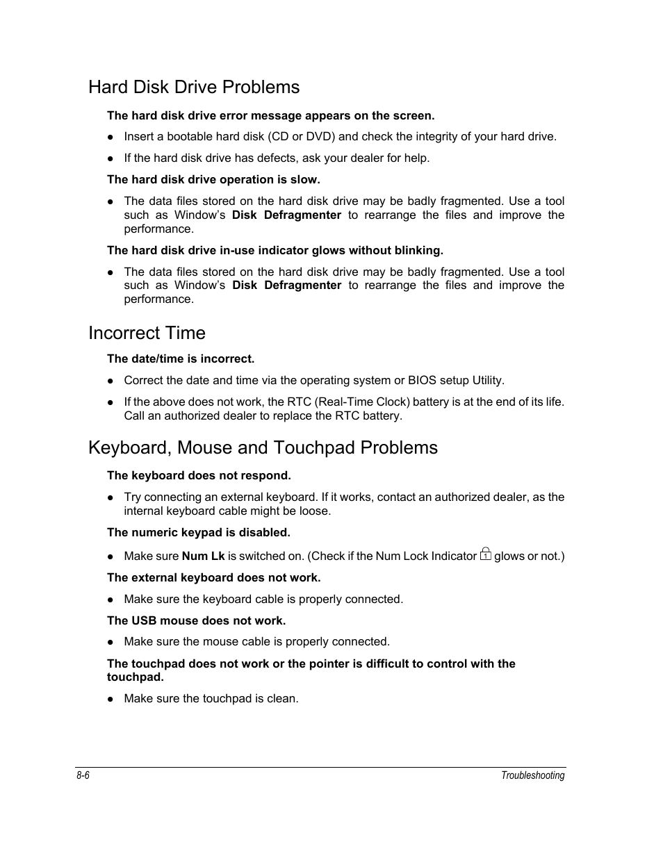 Hard disk drive problems, Incorrect time, Keyboard, mouse and touchpad problems | Motorola ML910 User Manual | Page 132 / 180
