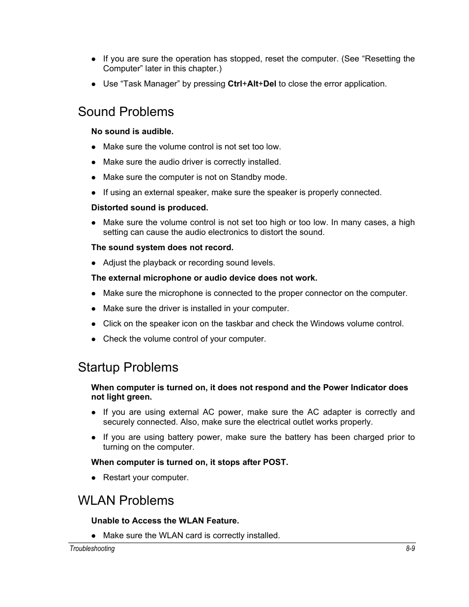 Sound problems, Startup problems, Wlan problems | Motorola ML910 User Manual | Page 135 / 180