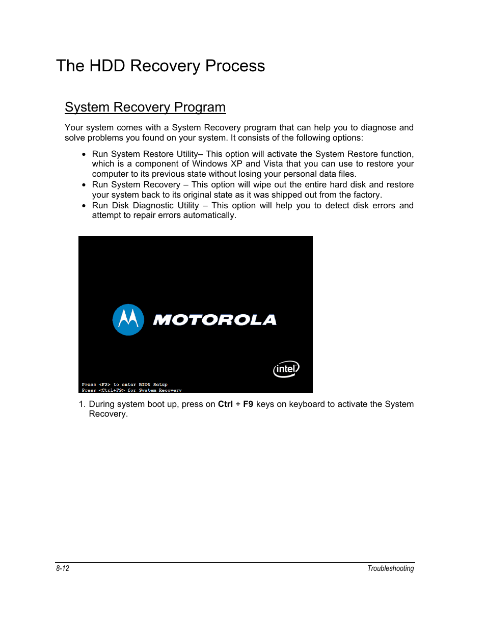 The hdd recovery process, System recovery program | Motorola ML910 User Manual | Page 138 / 180