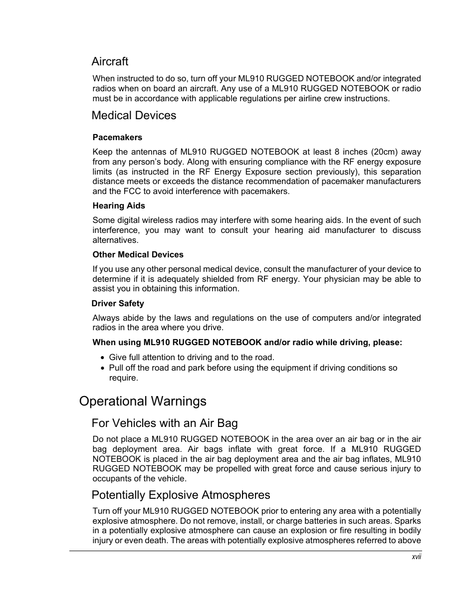 Operational warnings, Aircraft, Medical devices | For vehicles with an air bag, Potentially explosive atmospheres | Motorola ML910 User Manual | Page 19 / 180