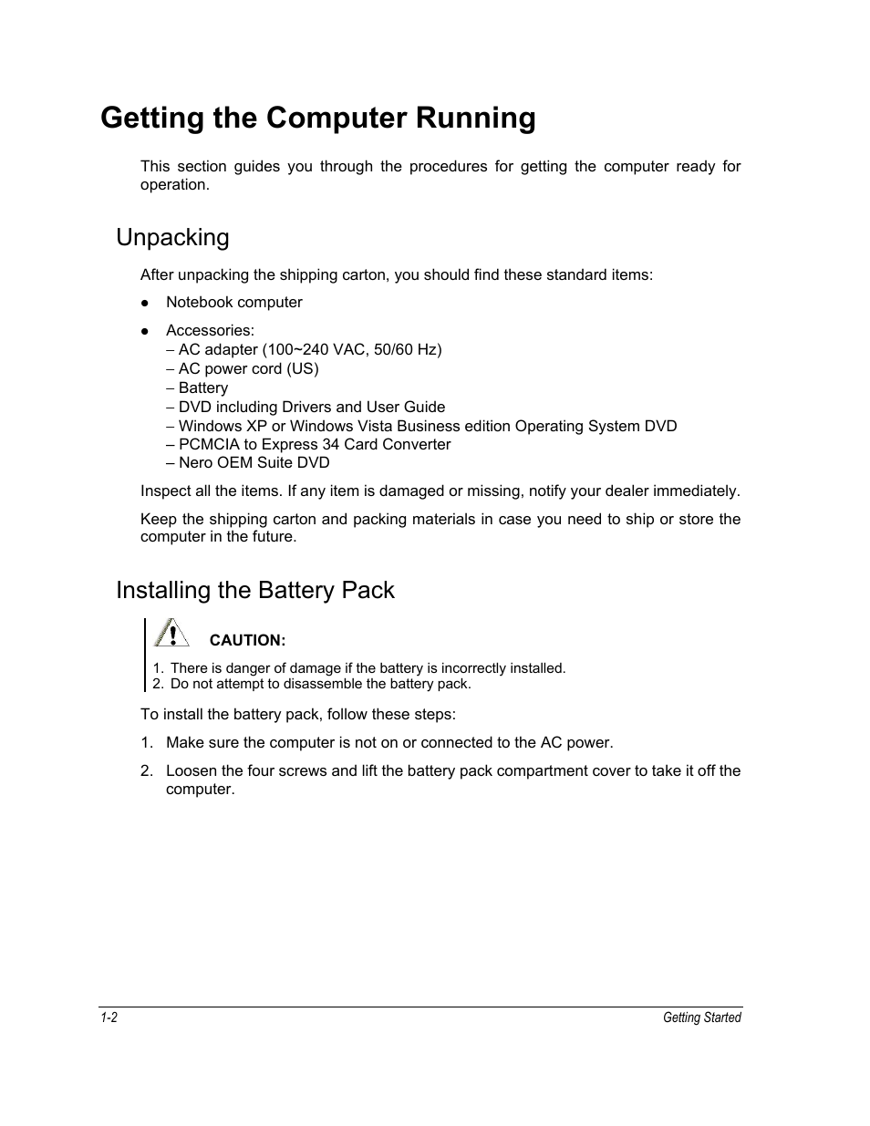 Getting the computer running, Unpacking, Installing the battery pack | Motorola ML910 User Manual | Page 30 / 180