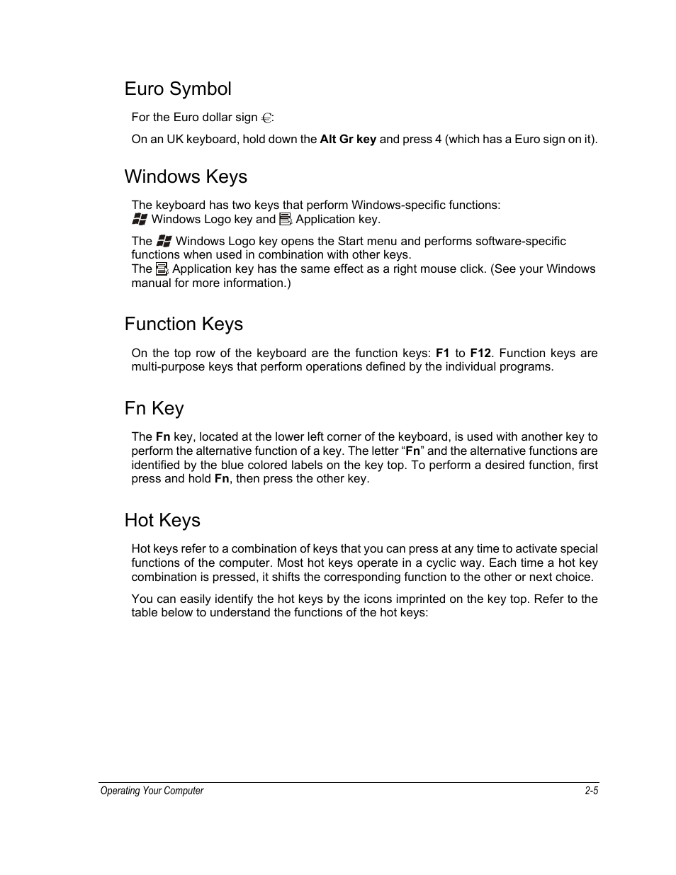 Euro symbol, Windows keys, Function keys | Fn key, Hot keys | Motorola ML910 User Manual | Page 49 / 180