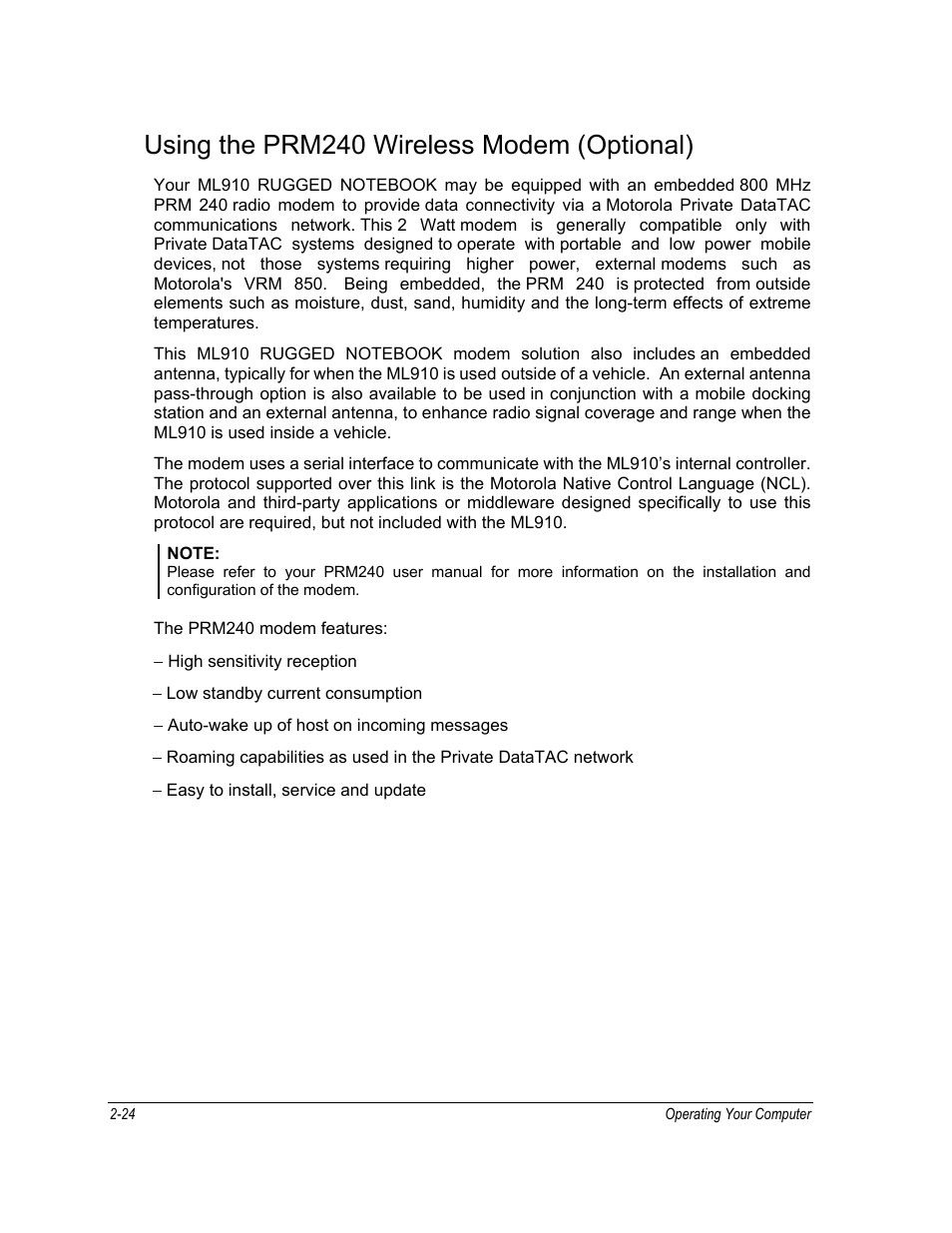 Using the prm240 wireless modem (optional) | Motorola ML910 User Manual | Page 68 / 180