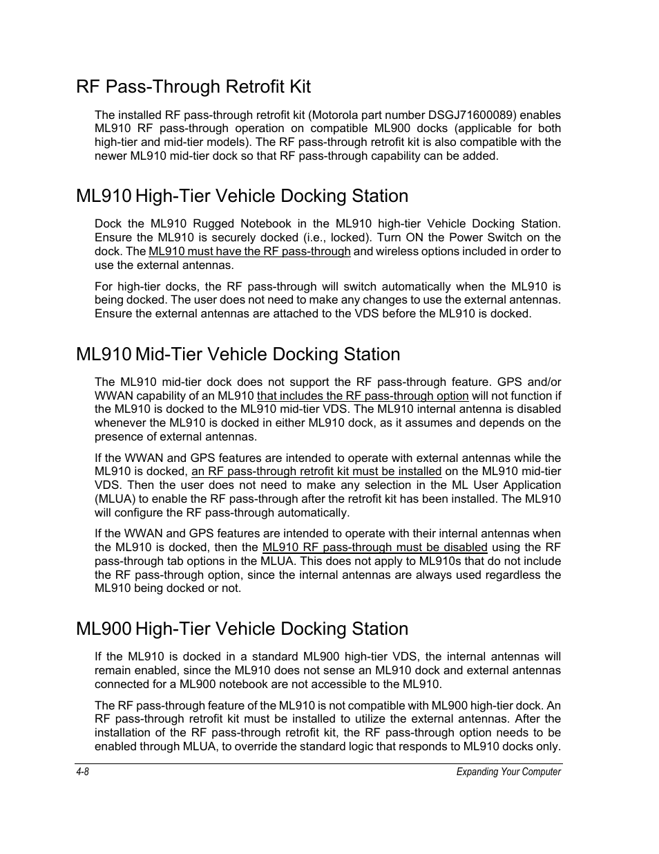 Rf pass-through retrofit kit, Ml910 high-tier vehicle docking station, Ml910 mid-tier vehicle docking station | Ml900 high-tier vehicle docking station, Ml910, High-tier vehicle docking station, Mid-tier vehicle docking station, Ml900 | Motorola ML910 User Manual | Page 90 / 180