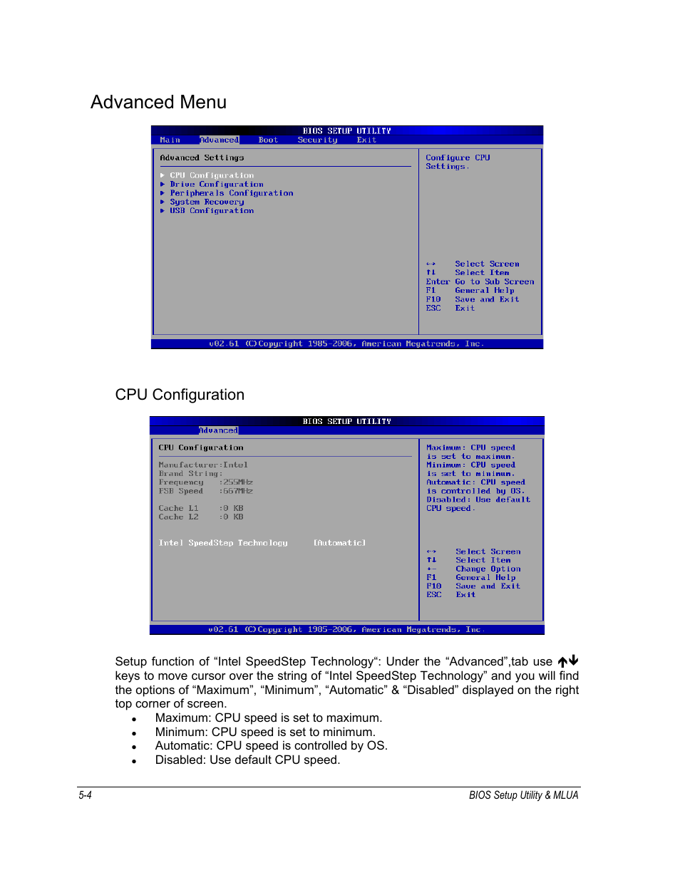 Advanced menu, Cpu configuration | Motorola ML910 User Manual | Page 98 / 180