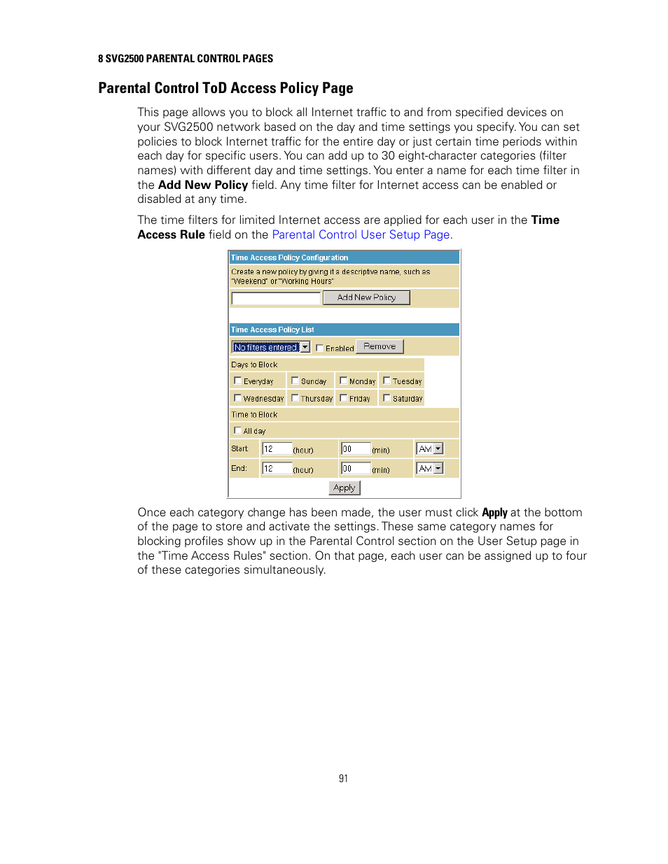 Parental control tod access policy page | Motorola SURFBOARD SVG2500 User Manual | Page 106 / 175