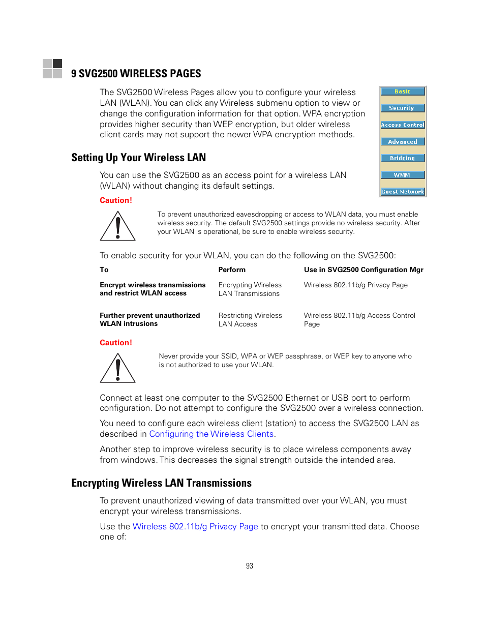 Setting up your wireless lan, Encrypting wireless lan transmissions, Up, see | Setting up, Your wireless lan | Motorola SURFBOARD SVG2500 User Manual | Page 108 / 175