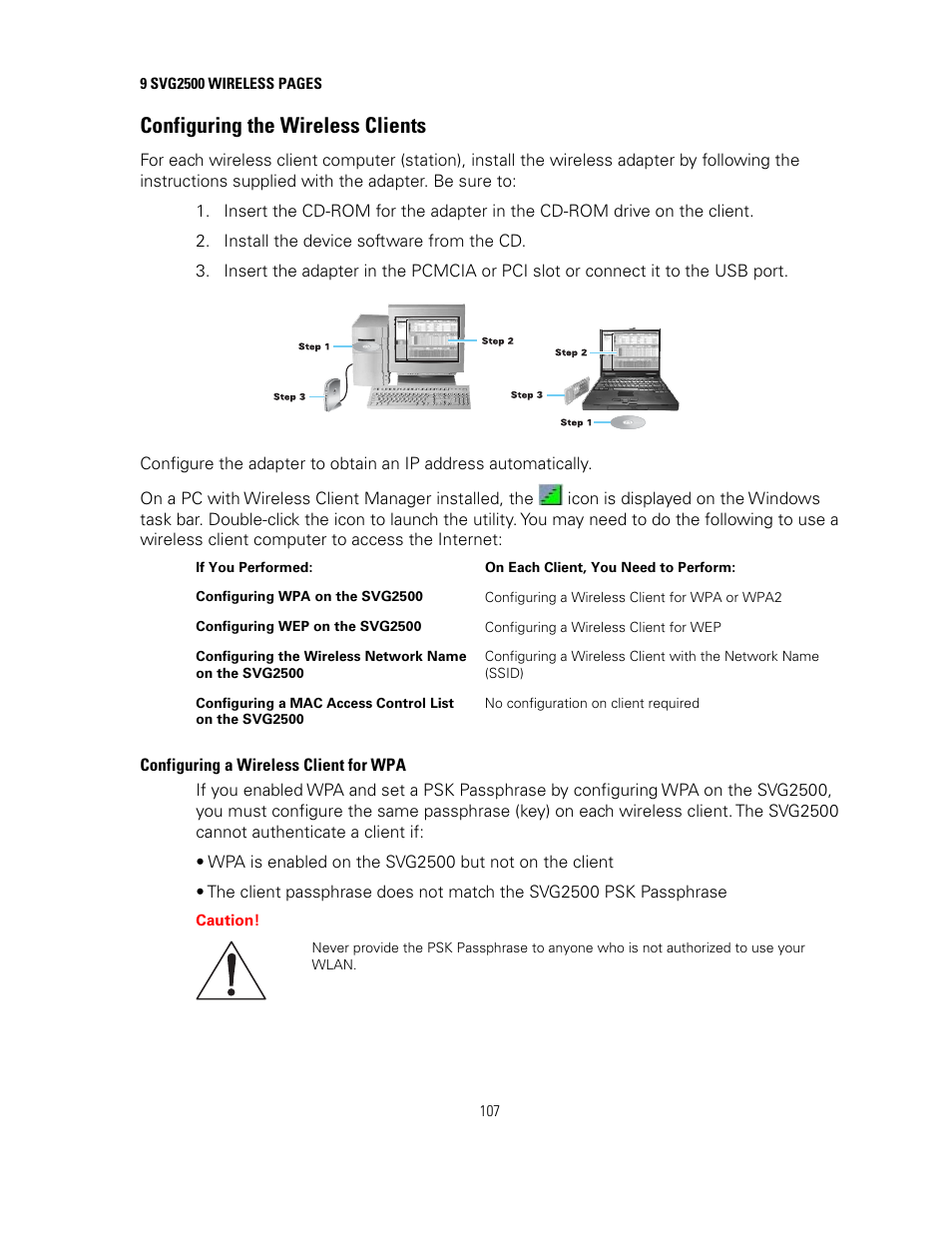 Configuring the wireless clients, Configuring a wireless client for wpa | Motorola SURFBOARD SVG2500 User Manual | Page 122 / 175