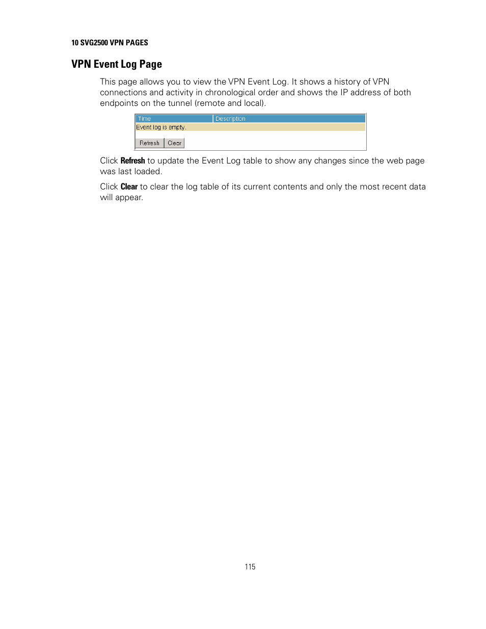 Vpn event log page | Motorola SURFBOARD SVG2500 User Manual | Page 130 / 175