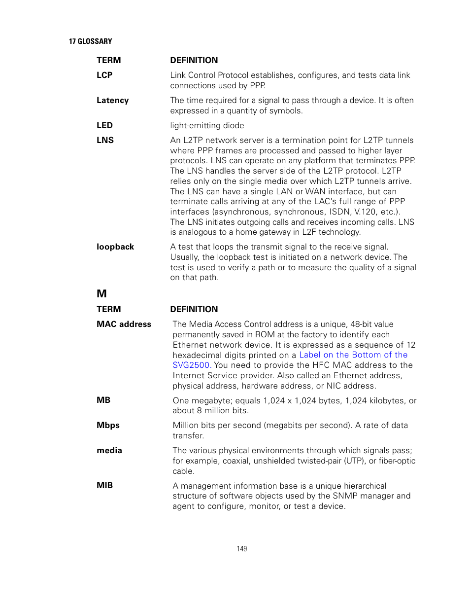 Mac address | Motorola SURFBOARD SVG2500 User Manual | Page 164 / 175