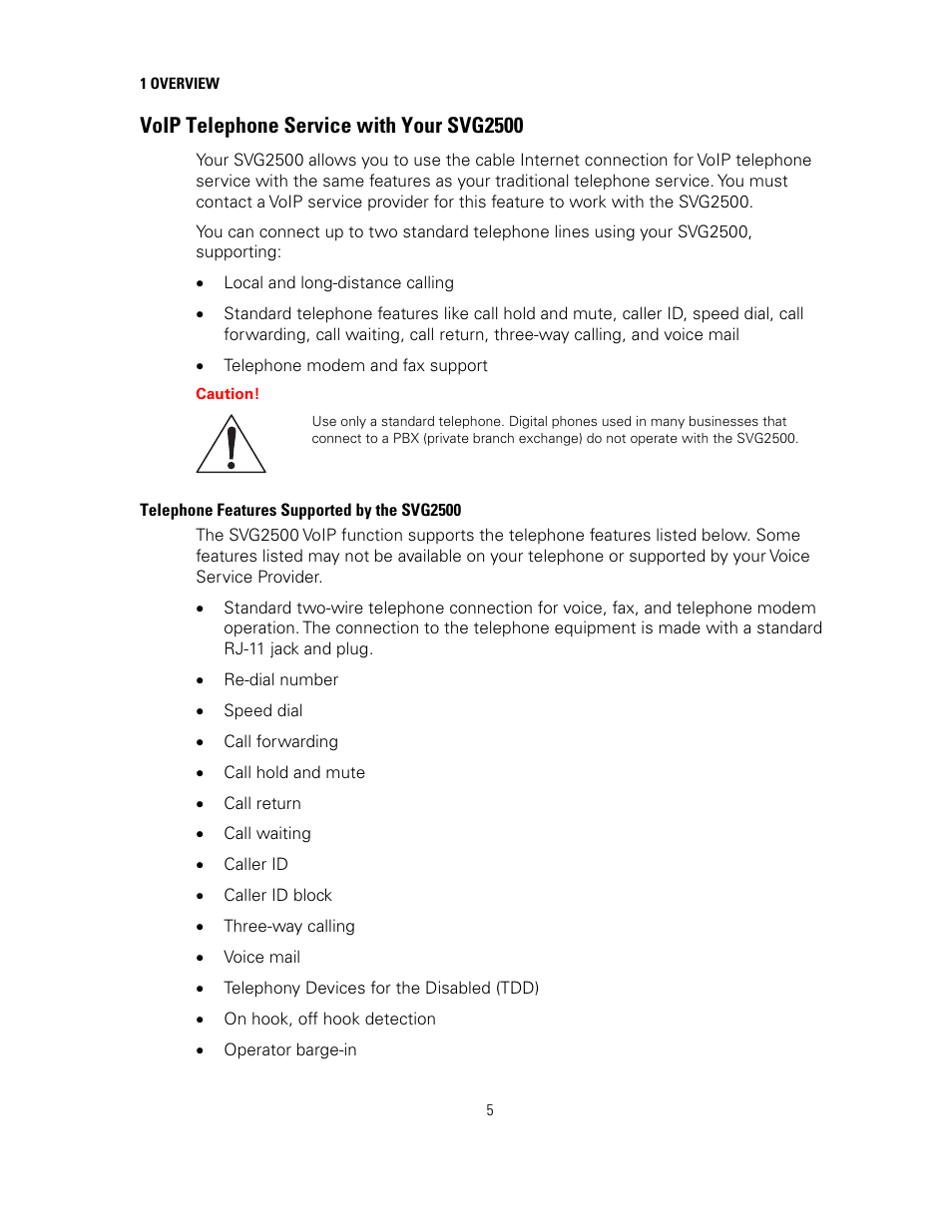 Voip telephone service with your svg2500, Telephone features supported by the svg2500 | Motorola SURFBOARD SVG2500 User Manual | Page 20 / 175