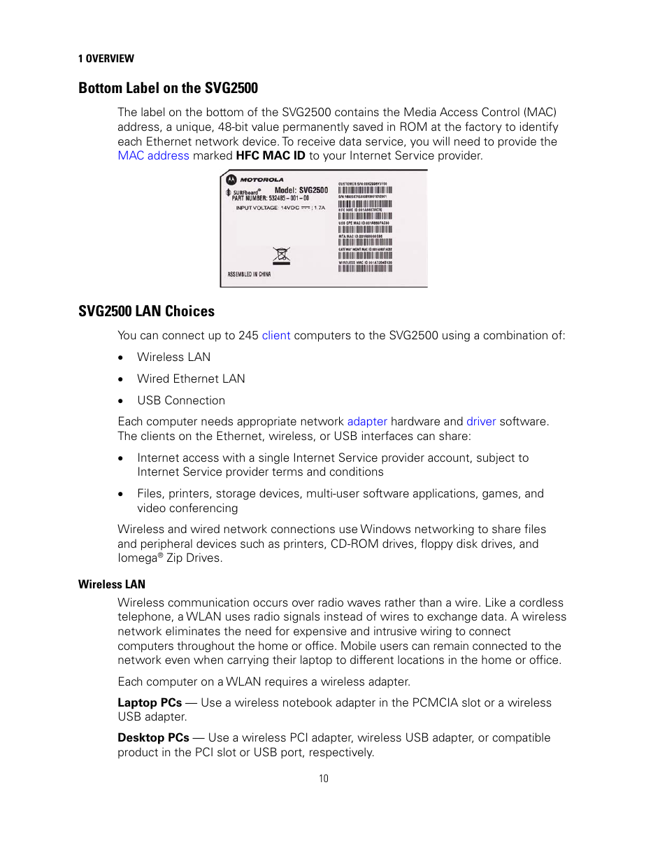 Bottom label on the svg2500, Svg2500 lan choices, Wireless lan | Motorola SURFBOARD SVG2500 User Manual | Page 25 / 175