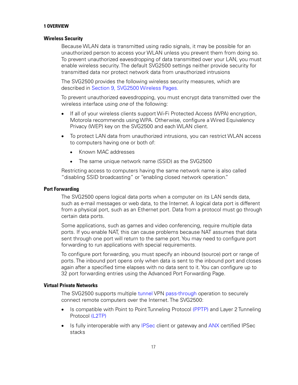 Wireless security, Port forwarding, Virtual private networks | Motorola SURFBOARD SVG2500 User Manual | Page 32 / 175